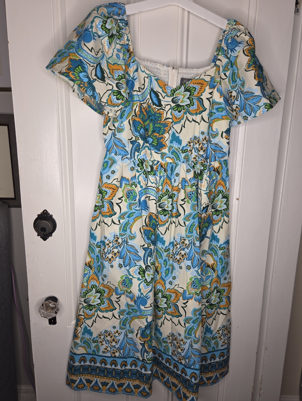 Vince Camuto Blue, Green & Cream Floral Midi Dress